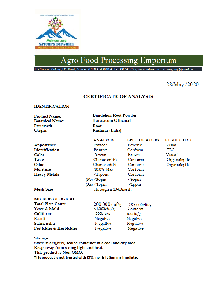 COA-Dandelion Root Powder..